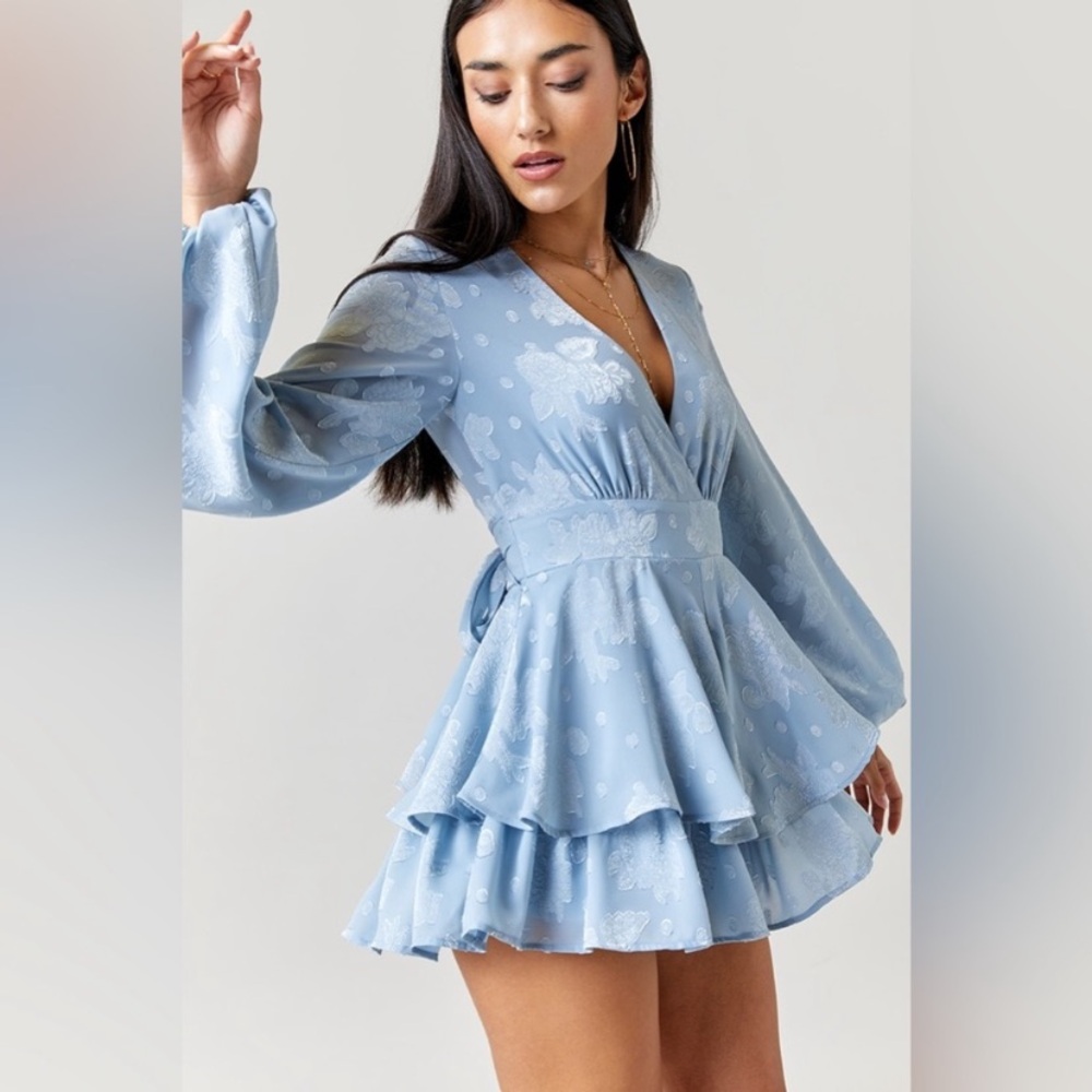 Francesca’s Blue Rain Light Blue Floral Romper - Size Small